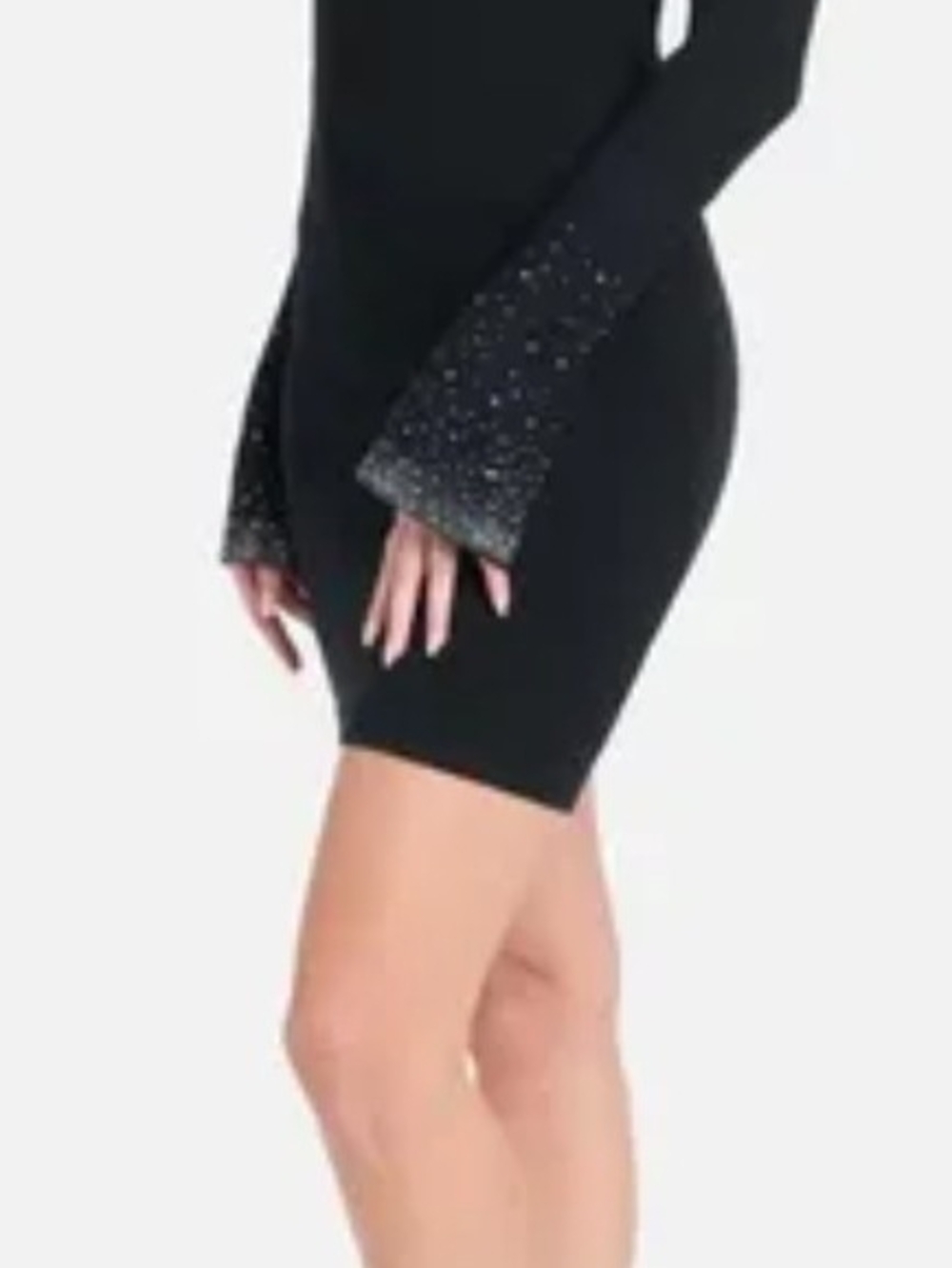 Bebe black knit mock neck bodycon sweater dress, shimmering rhinestone detail, M